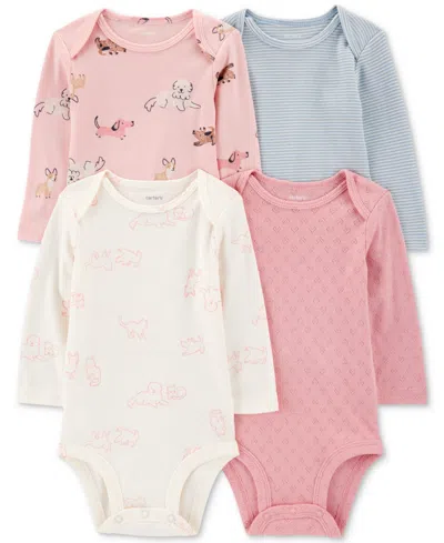 CARTER'S BABY GIRLS COTTON PUPPY LONG-SLEEVE BODYSUITS, 4 PACK