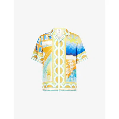 CASABLANCA WOMENS SURREAL POOL CUBAN-COLLAR SILK SHIRT