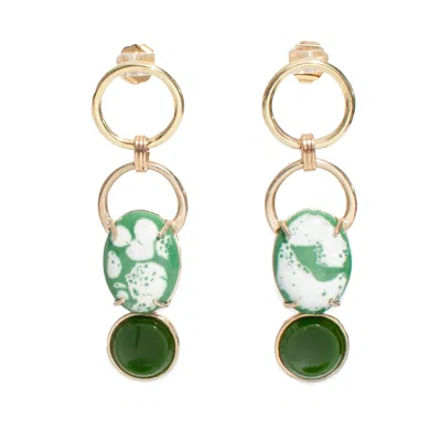 CASTLECLIFF WOMEN'S GOLD / GREEN CAIRN EARRINGS – RECYCLED BRASS STATEMENT EARRINGS WITH VINTAGE SEAFOAM GREEN G