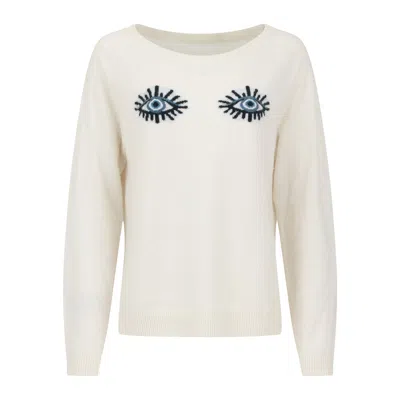 CATNIP AND SEAWEED WOMEN'S BLUE / WHITE EVIL EYE CASHMERE SWEATER
