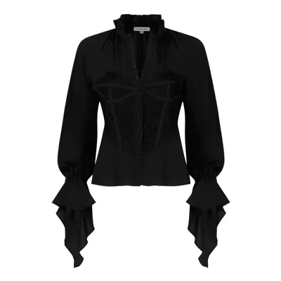 CAVANAGH BAKER WOMEN'S BLACK CORSET BUTTON DOWN RAGLAN LONG SLEEVE BLOUSE