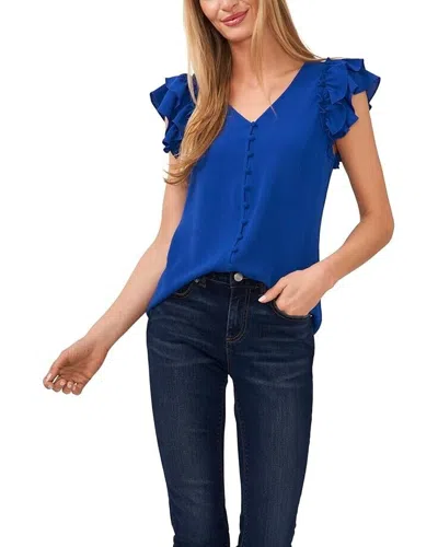 CECE TOP WOMEN'S XL BLUE STRETCH RUFFLE BUTTON FRONT V-NECK BLOUSE PREPPY ERK269