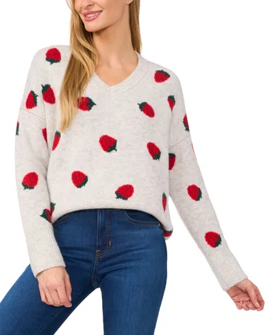 CECE WOMEN'S STRAWBERRY JACQUARD V-NECK SWEATER