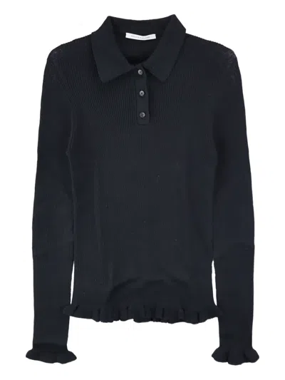 CECILIE BAHNSEN RUFFLE-HEM RIBBED POLO TOP
