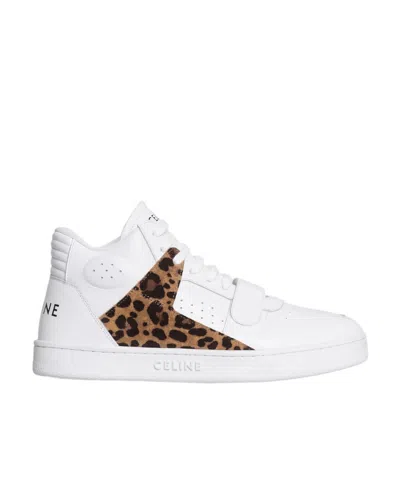 CELINE CT-02 CELINE TRAINER MID SNEAKER WITH SCRATCH IN CALFSKIN  LEOPARD PRINTED SUEDE CALFSKIN