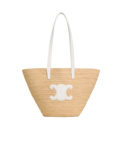 CELINE MEDIUM SUPPLE CELINE CLASSIC PANIER IN RAFFIA AND CALFSKIN