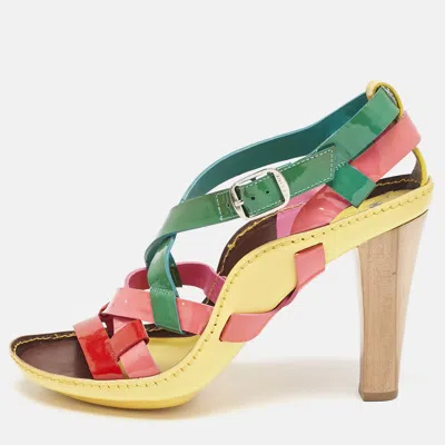 CELINE MULTICOLOR PATENT AND LEATHER STRAPPY SLINGBACK SANDALS SIZE 38