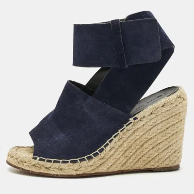 CELINE NAVY BLUE SUEDE WEDGE ANKLE WRAP ESPADRILLE SANDALS SIZE 37