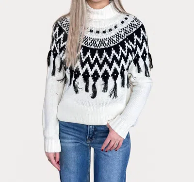 CEZELE AZTEC TASSEL TURTLENECK SWEATER IN WHITE