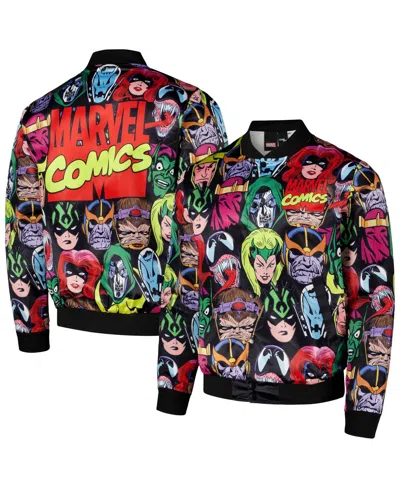 CHALK LINE MEN'S BLACK MARVEL VILLAINS HEADS FANIMATION SATIN FULL-SNAP JACKET