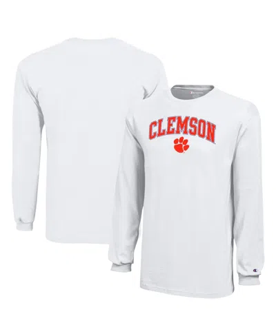 CHAMPION BIG BOYS AND GIRLS WHITE CLEMSON TIGERS ARCH OVER LOGO LONG SLEEVE T-SHIRT