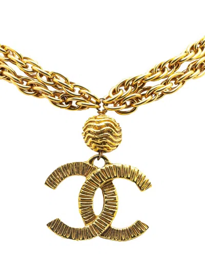 CHANEL 1970-1980 GOLD PLATED DOUBLE CHAIN CC PENDANT NECKLACE COSTUME NECKLACE