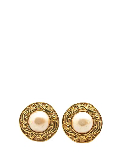 CHANEL 1970-1980 GOLD PLATED ROUND FAUX PEARL CLIP ON EARRINGS COSTUME EARRINGS