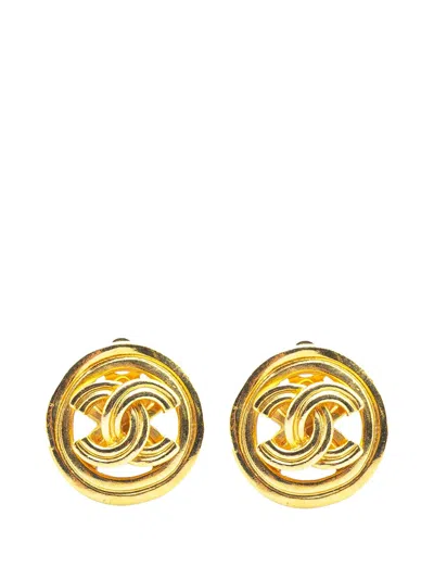 CHANEL 1996 GOLD PLATED CC ROUND CLIP ON EARRINGS COSTUME EARRINGS