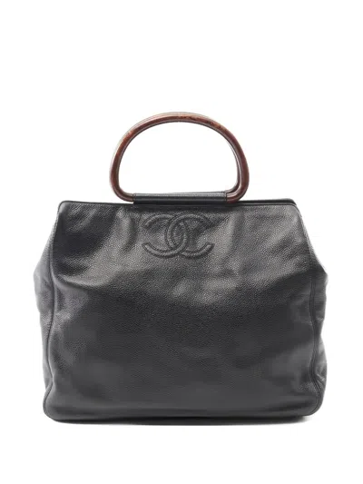 CHANEL 2000-2002 LEATHER WOOD-HANDLE TOTE BAG