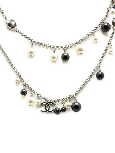 CHANEL 2011 SILVER FAUX PEARL BEADED CC GINGHAM BOW CHARMS NECKLACE COSTUME NECKLACE