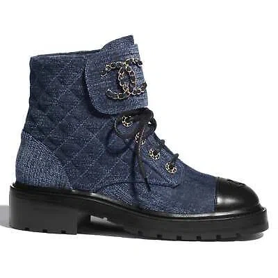 CHANEL CHANEL 21A BLUE BLACK QUILTED CC CHAIN COMBAT LACE UP TIE ANKLE SHORT BOOTS 37