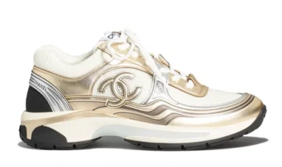 CHANEL CHANEL 23C WHITE GOLD SILVER CC LOGO LACE UP FLAT RUNNER TRAINER SNEAKER 40