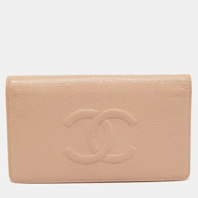 CHANEL BEIGE CAVIAR LEATHER CC BIFOLD LONG WALLET
