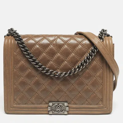 CHANEL BEIGE DOUBLE STITCH QUILTED LEATHER LARGE BOY FLAP BAG