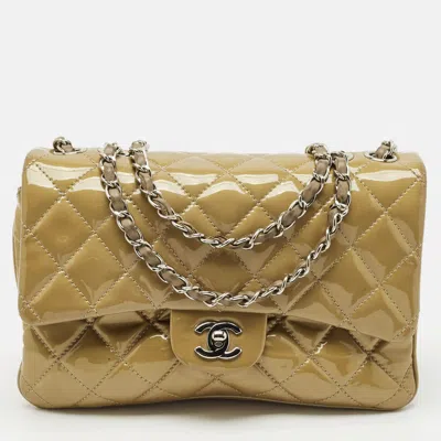 CHANEL BEIGE QUILTED PATENT LEATHER 3 COMPARTMENT CLASSIC FLAP BAG