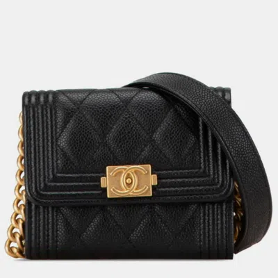 CHANEL BLACK GOLD CAVIAR SKIN BOY CHAIN WALLET SHOULDER BAG