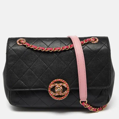 CHANEL BLACK/PINK QUILTED LEATHER CC CHAIN LOGO SHOULDER BAG