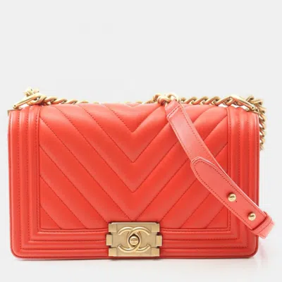 CHANEL BOY CHEVRON RED LAMBSKIN LEATHER SHOULDER BAG