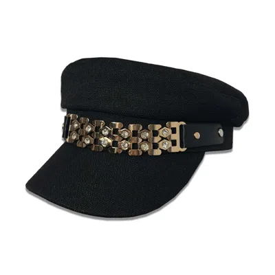 CHANEL JOAN ELKAYAM WOMEN'S BLACK GOLD METAL CRYSTAL EMBELLISHED BAKER BOY HAT