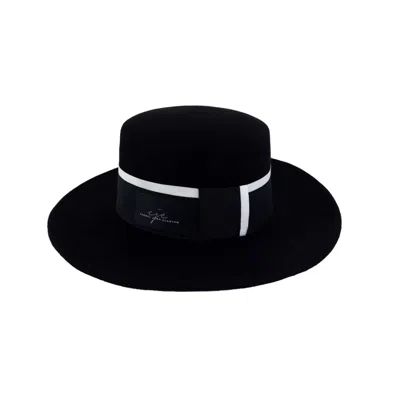 CHANEL JOAN ELKAYAM WOMEN'S HANDMADE BLACK & WHITE WOOL WIDE BRIM BOATER HAT