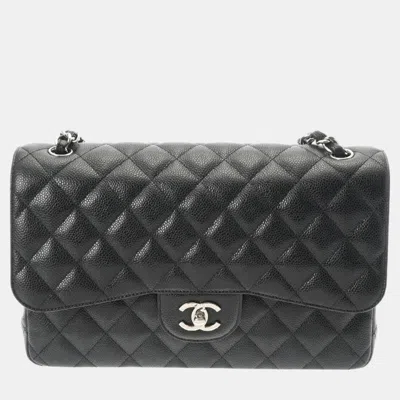 CHANEL BLACK CAVIAR LEATHER CLASSIC DOUBLE FLAP JUMBO BAG