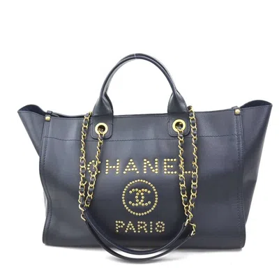 CHANEL NAVY LEATHER METAL HANDBAG SHOULDER BAG (PRE-OWNED)