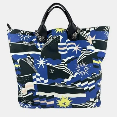 CHANEL CRUISE COLLECTION BLUE BLACK WHITE CANVAS LEATHER SHOULDER BAG