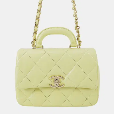 CHANEL TOP HANDLE MATELASSE SHOULDER YELLOW SHINY CALF LEATHER SIZE MINI
