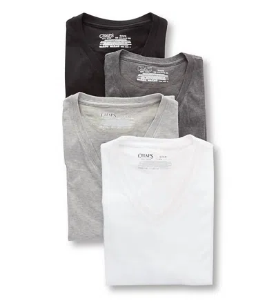 CHAPS MEN'S 4-PACK UNDERWEAR V-NECK SHIRT IN BLACK/GREY/ANDOVER HEATHER/WHITE