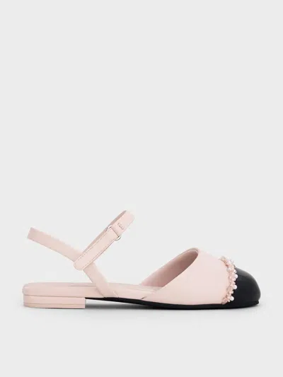 CHARLES & KEITH CHARLES & KEITH - GIRLS' PEARL-EMBELLISHED CAP-TOE ANKLE-STRAP FLATS