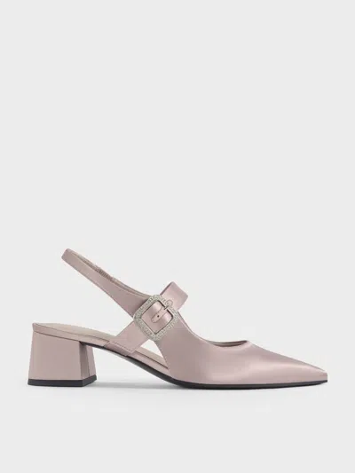 CHARLES & KEITH CHARLES & KEITH - SATIN CRYSTAL-BUCKLE BLOCK-HEEL SLINGBACK PUMPS