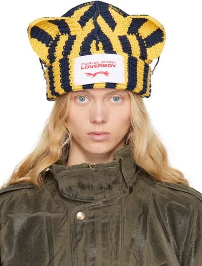 CHARLES JEFFREY LOVERBOY YELLOW & NAVY CHUNKY EARS BEANIE