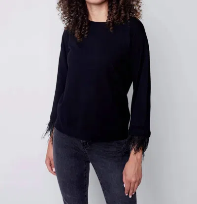 CHARLIE B CREW NECK SWEATER W REMOVABLE FEATHER CUFF IN BLACK