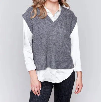 CHARLIE B PLUSHY V-NECK SWEATER VEST IN GREY