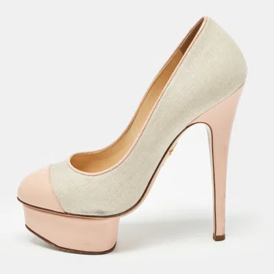 CHARLOTTE OLYMPIA DOLLY SIZE 36 PINK CANVAS AND LEATHER PLATFORM PUMPS