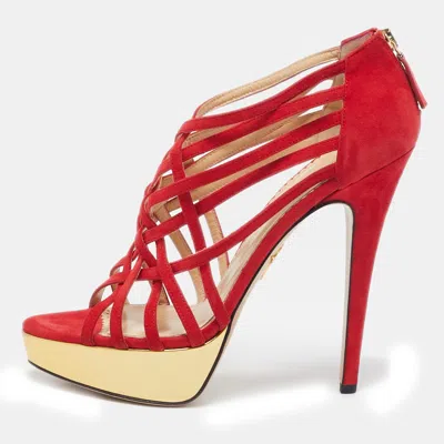 CHARLOTTE OLYMPIA RED SUEDE STRAPPY PLATFORM SANDALS SIZE 40