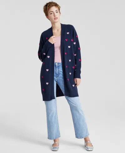 CHARTER CLUB WOMEN'S PETITE CASHMERE HEART-EMBROIDERED LONG OPEN CARDIGAN, CREATED FOR MACY'S