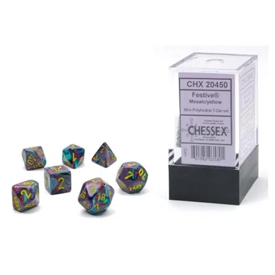 CHESSEX CUBE MINI FESTIVE DICE, MOSAIC WITH YELLOW NUMBERS - SET OF 7
