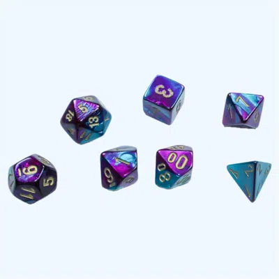 CHESSEX CUBE MINI GEMINI DICE PURPLE-TEAL & GOLD - SET OF 7