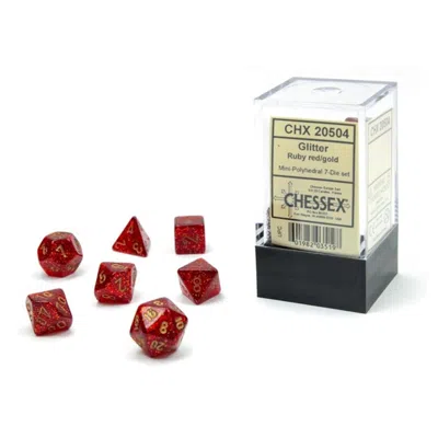 CHESSEX CUBE MINI GLITTER DICE RUBY & GOLD NUMBERS - SET OF 7