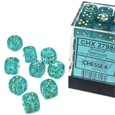 CHESSEX MANUFACTURING 12 MM D6 CUBE BOREALIS LUMINARY DICE, TEAL WITH GOLD NUMBERS - PACK OF 36