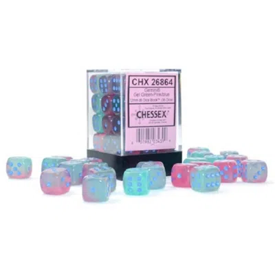 CHESSEX MANUFACTURING 12 MM D6 CUBE GEMINI LUMINARY GEL GREEN & PINK DICE WITH BLUE PIPS PACK OF 36