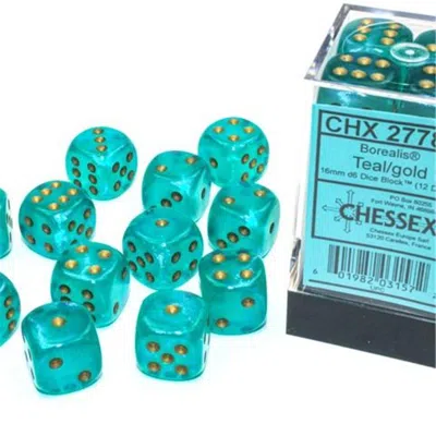 CHESSEX MANUFACTURING 16 MM D6 CUBE BOREALIS LUMINARY DICE, TEAL WITH GOLD NUMBERS - PACK OF 12