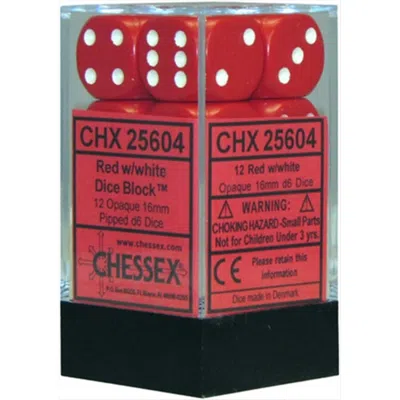CHESSEX MANUFACTURING 25604 OPAQUE RED WITH WHITE - 16 MM SIX SIDED DICE SET OF 12